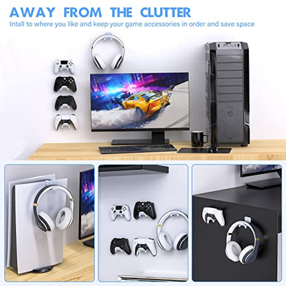 Wall Mount Holder for PS5 Pro/Slim and Switch Controllers - Strong Adhesive/Screw Headphone Stand, Headset Hanger Hook for Universal Controller and Headset - 6 Pack
