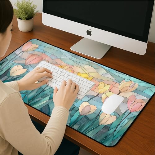 Faux Colorful Glass Desk Mat, Tulip Long Mouse Pad, Large Gaming Computer Keyboard Mats, Soft Full Deskamt, Office Desktop Cover Pad, Aesthetic Desk Accessories, Suitable Women 31.5"X15.7" - color: Yellow Tulip