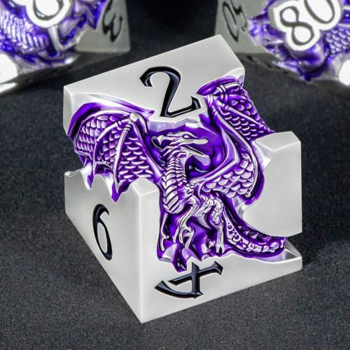 Roycevon Relief Dragon DND Dice Set for Role Playing Game, 7Pcs Metal D&D Dice Set Dungeons Dragons with Gift Box, Polyhedral D and D Dice D20 D12 D10 D8 D6 D4, Purple and Black - color: Purple and Black