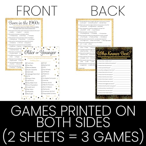 Black and Gold 60th Birthday Games Set, Born in the 1960s, 20 Guests | 5" x 7" Dual-Sided Cards, Who Knows Best, Older or Younger, and 1960s Trivia Games, Answer Keys Included