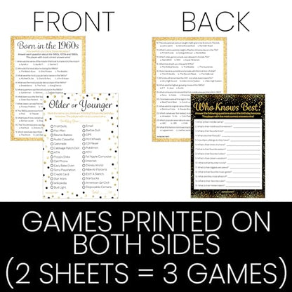 Black and Gold 60th Birthday Games Set, Born in the 1960s, 20 Guests | 5" x 7" Dual-Sided Cards, Who Knows Best, Older or Younger, and 1960s Trivia Games, Answer Keys Included