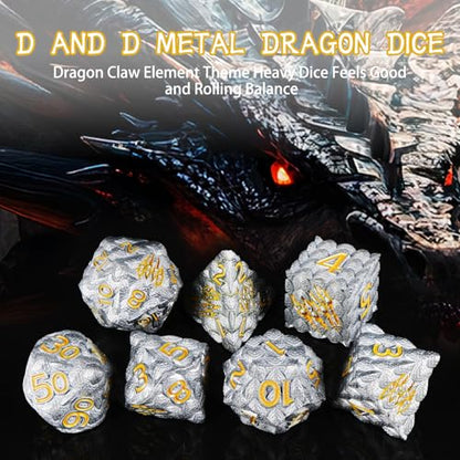 Dragon Scales Metal Dice Set with Intricate Dragon Claw Engravings - Gift Metal Box for D&D, MTG, RPG Tabletop Games（Gray） - color: Grey Dragon Scale (Dragon Claw)