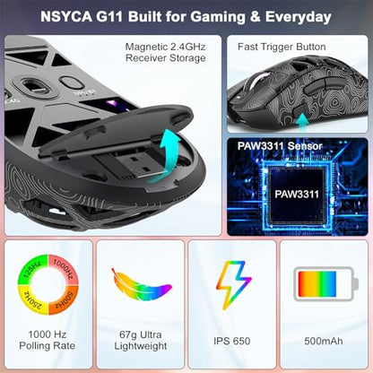 G11 Lightweight Wireless Gaming Mouse for FPS & Competitive Gaming, Tri-Mode Bluetooth 5.1/2.4GHz/USB-C, 22000 DPI RGB Mouse with Programmable Buttons for PC, Laptop & Mac - color: Line Black