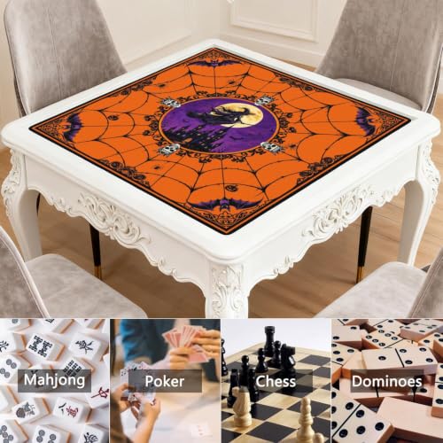 Orange Halloween Mahjong Mat for Table, 31.5*31.5in Anti Slip Mahjong Table Cover, Noise Reduction, Neoprene Mah jongg Mat with Carrying Bag & 3 Dices, Witch Scary Holiday Poker Board Tile Games Mats - color: Halloween01
