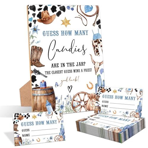 Cowboy Guess How Many Candies Are In The Jar Game, Pack of 1 Wooden Tabletop Sign with Stand and 50 Guessing Cards, Wild West Rodeo Baby Shower Game, Gender Reveal Party Decorations - WV11 - color: Cowboy-3, size: Cowboy