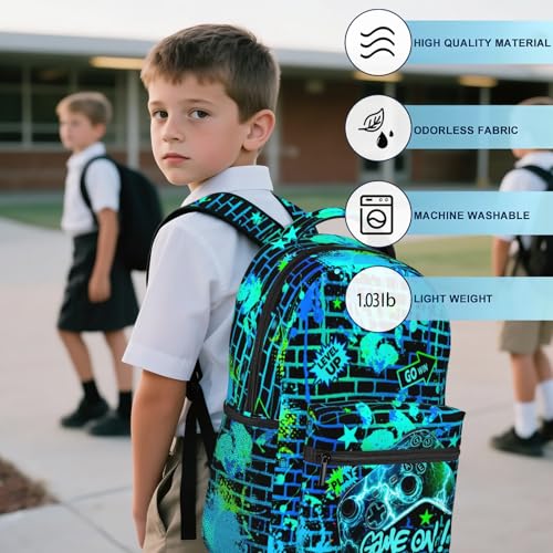 Backpacks For Boys Video Game Boys School Backpack for Kids Children Teens Elementary Middle School Students Bookbag Ages 6-18 Lightweight Travel Back Pack - color: Teal Game
