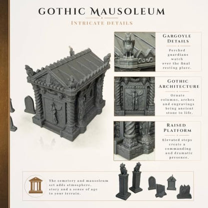Small Gothic Cemetery Set Terrain 28mm | Gothic cemetery terrain for Dungeons & Dragons, tabletop RPGs and wargaming with mausoleum, gravestones and gargoyle statues