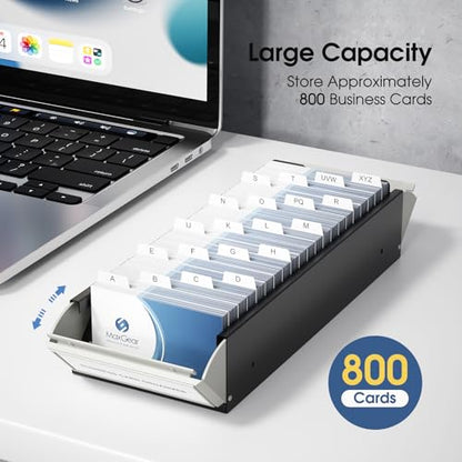 MaxGear Business Card Holder for Desk, Capacity: 800 Cards (3.5” x 2.2”) | Large Plastic Business Card Organizer Box, Credit Cards Holder File Box Storage, A-Z Tabs, Metal Structure, Black