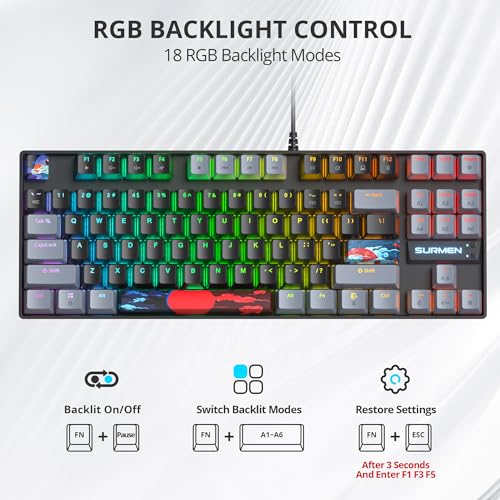 75% Mechanical Gaming Keyboard with Red Switch, RGB LED Backlit Keyboard Black, 87 Keys Compact TKL Wired Computer Keyboard for Windows Laptop PC Gamer (87 Dark) - color: 87 Dark/Red Switch