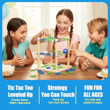 3D Ultimate Wooden Tic Tac Toe Board Game – Classic XO Strategy Game for Kids & Adults, Fun Family Table Games Night, Durable Wooden Tabletop Game
