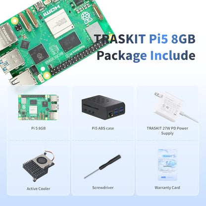 TRASKIT Basic kit for Raspberry Pi 5 RAM 8GB Included PI5 Case,5.1V 5A Power Supply,Active Cooler and Pi 5 8GB Single Board