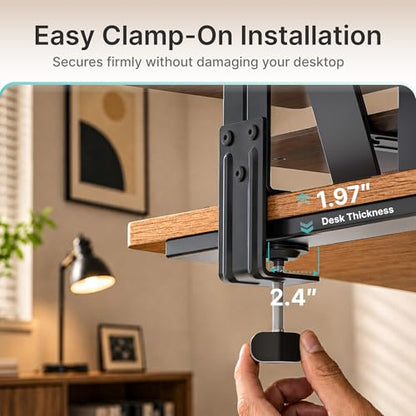 PEGZONE Dual Monitor Stand, Clamp-On Wooden Monitor Stands Riser for 2 monitors,41.7" Computer Monitor Riser for Desk, 2-Tier Desktop Organizer with Magnetic Back Panel for Computer & Laptops
