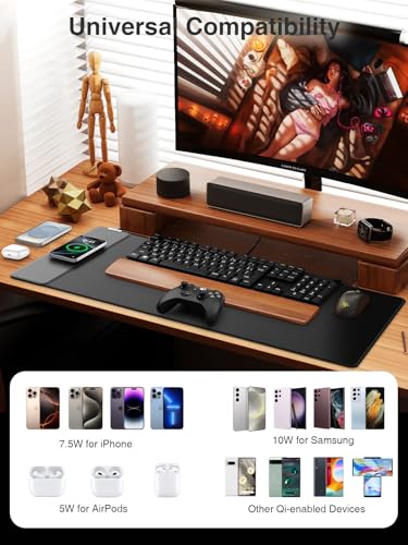 Wireless Charging Mouse Pad, 31.5"x15.8" Large Desk Mat, Smooth Glide | Waterproof Mousepad, Stitched Edge, Non-Slip Rubber Base, Desk Pad Computer Keyboard Mat, No Adapter - color: Black-31.5"x15.8"