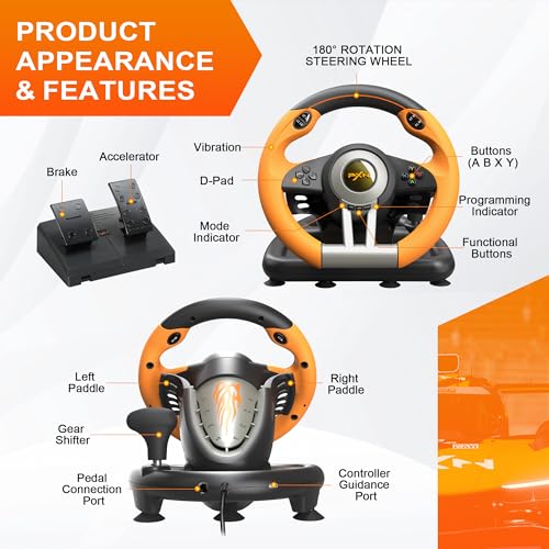 PXN V3 Pro Gaming Steering Wheel with Pedals | Dual Motor Vibration Feedback, Beginner Sim Racing Wheel for PC, PS4, Xbox Series S, Xbox Series X, Xbox One and Switch - color: Orange