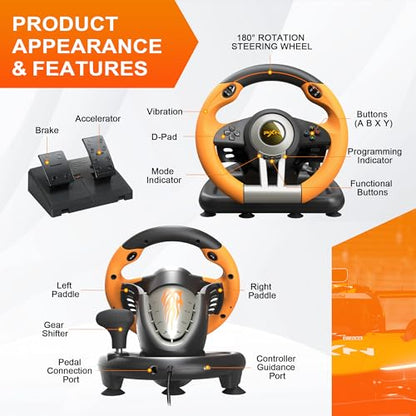 PXN V3 Pro Gaming Steering Wheel with Pedals | Dual Motor Vibration Feedback, Beginner Sim Racing Wheel for PC, PS4, Xbox Series S, Xbox Series X, Xbox One and Switch - color: Orange