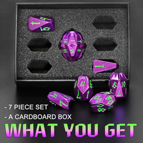 FONVGOGO DND Dice Set Metal - 7 Pcs Unique Cool Polyhedral D and D Dice with Cardboard Box for Dungeon and Dragons, RPG, Tabletop, Role Playing Games (Purple Green) - color: S Purple Green