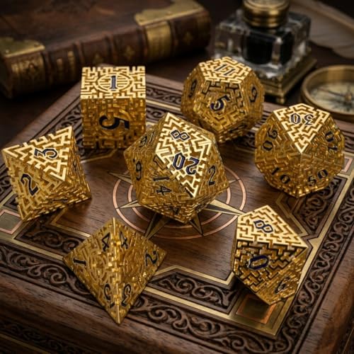 Hollow Metal The Lost Maze DND Dice Set with an Iron Box for DND COC Role Playing dice Games and Board Games Gift (Glod) - color: Metal Maze Gold