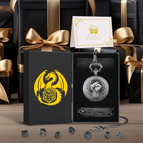Mini DND Dice Set with Steampunk Monk (Fist) Pocket Watch Case, Tiny 7PCS Polyhedral Metal D&D Dice, DND Gifts with Gift Box, Role Playing Game Board Game Accessories Dice, Dark Silver - color: Dark Silver