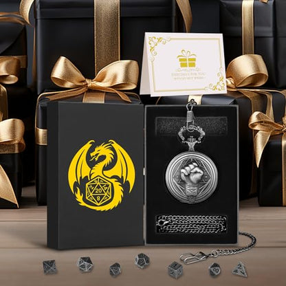 Mini DND Dice Set with Steampunk Monk (Fist) Pocket Watch Case, Tiny 7PCS Polyhedral Metal D&D Dice, DND Gifts with Gift Box, Role Playing Game Board Game Accessories Dice, Dark Silver - color: Dark Silver