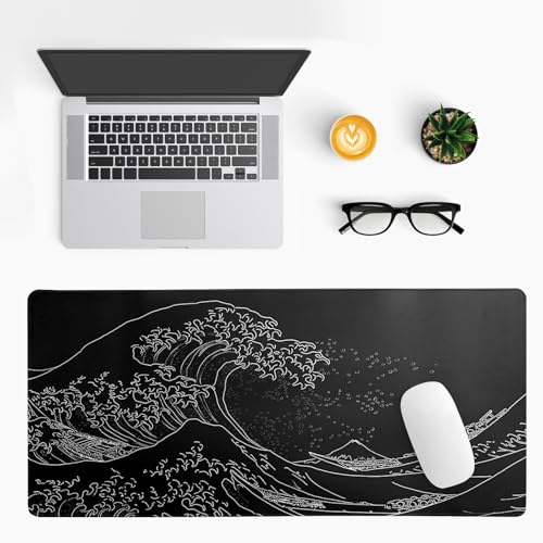 Japanese Gaming Mouse Pad Abstract Black Mouse Pad 31.5x11.8 Inch Black Sea Wave Texture Non-Slip Rubber Base Large Ocean Mousepad Stitched Edges Keyboard Mouse Mat Desk Pad for Office and Home - color: Sea Wave