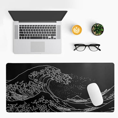 Japanese Gaming Mouse Pad Abstract Black Mouse Pad 31.5x11.8 Inch Black Sea Wave Texture Non-Slip Rubber Base Large Ocean Mousepad Stitched Edges Keyboard Mouse Mat Desk Pad for Office and Home - color: Sea Wave
