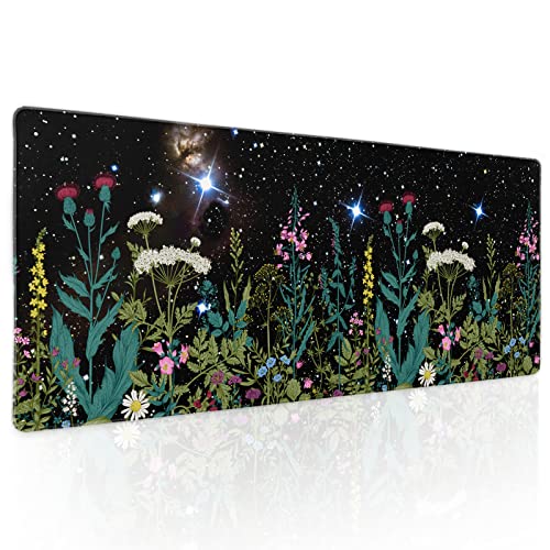Black Aesthetic Wildflower Large Mouse Pad XL Space Galaxy Weeds Herb Cute Floral Extended Desk Mat Big 80X30 CM Non-Slip Rubber Base Stitched Edge Long Mousepad,31.5×11.8 Inch - color: Blackherb, size: 31.5 x 11.8 inches