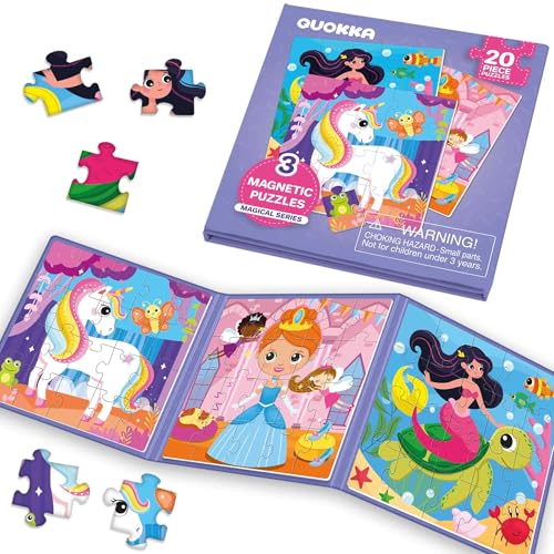Magnetic Puzzles for Toddlers 3-5 - Kids Travel Toys for Girls | 20 Pieces Puzzles Ages 2-4 – Travel Game for Kids 4-6 – Car Airplane Road Trip Activities with Unicorn, Princesses, Fairies - color: 7. Unicorn 20 Pcs