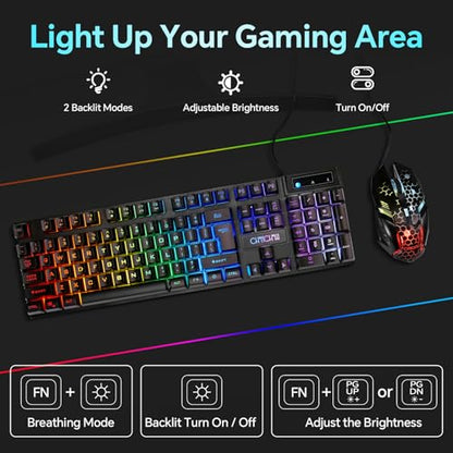 CHONCHOW Gaming Keyboard and Mouse Combo, Wired RGB Backlit for PC Gamer | Mechanical Feel, Anti-ghosting, USB Light Up Keyboard 3200DPI Gaming Mouse, LED Gaming Set for Laptop PS4 Xbox Mac Game Work