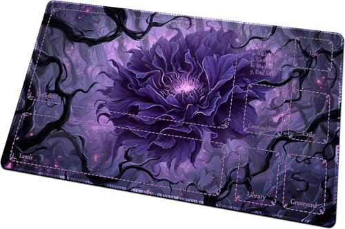MTG Playmats(Stitched) 14x24in Compatible for OCG CCG RPG TCG Playmats with Card Zones Storage Bag (Purple Peony-with Zone) - color: Purple Peony-with Zone