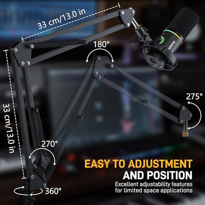 MAONO XLR/USB Gaming Microphone with BA20 Boom Arm, PC Computer Gaming Streaming Mic with RGB Light, Mute Button, Headphones Jack,Bundle for Gaming Podcast Recording (PD100X Black+BA20 Black)