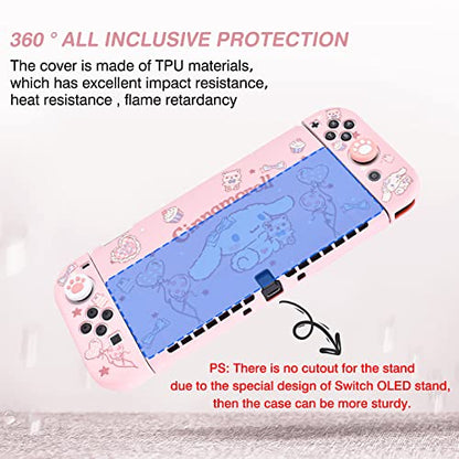 DLseego Cute Dog Switch OLED Protective Case Silicone Soft Cover Shockproof Pink Skin Joy Con Shell with 4PC Cat Claw Thumb Grips Caps