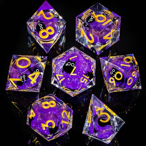 Roycevon Resin DND Dice Set with Gift Box, 7Pcs Liquid Core Cat D&D Dice, Cute Dungeons Dragons D and D Dice, Sharp Edge Role Playing Game Dice D20 D12 D10 D8 D6 D4, Purple - color: Purple