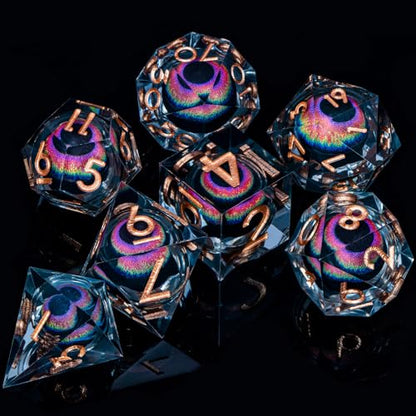 ARUOHHA DND Dragon Eye Dice Liquid Core Resin Sharp Edged Dice Set with Gift Box, RPG Role Playing Game Polyhedral Handmade D and D Dice D20 D12 D10 D8 D6 D4 - color: Yy03-rainbow