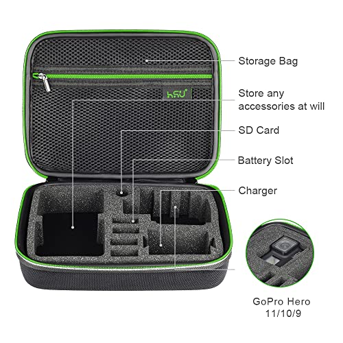 HSU Protective Carrying Case Compatible with Go Pro Hero | 13, 12, 11, 10, 9, 8, 7, 6, 5 and Accessories, Light and Medium Security Bag, Compact and Safe Action Camera Travel Storage - color: Green