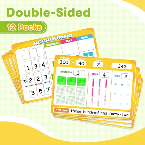 12 Packs Dry Erase Place Value Chart, Math Games for Kids Addition and Subtraction Flash Cards, White Board Math Manipulatives 1st 2nd 3rd Grade Teacher Classroom Must Haves Homeschool Supplie