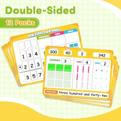 12 Packs Dry Erase Place Value Chart, Math Games for Kids Addition and Subtraction Flash Cards, White Board Math Manipulatives 1st 2nd 3rd Grade Teacher Classroom Must Haves Homeschool Supplie