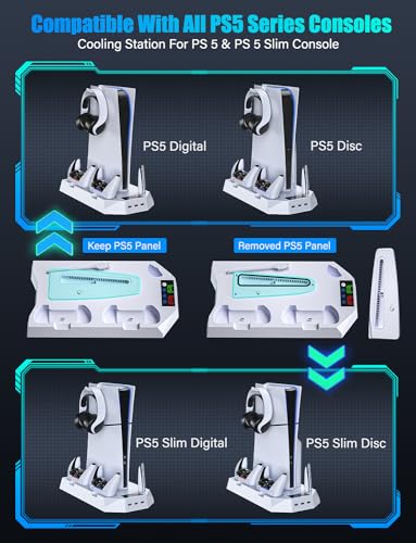 Cooling Station for PS5/PS5 Slim with Dual Controller Charger, Vertical Cooling Stand for PlayStation 5 Slim with Remote Charging Dock, Accessories Charger kit for PS5 Pro with Cooler Fan, USB Hubs