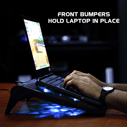 ENHANCE Gaming Laptop Cooling Pad Stand with LED Cooler Fans , Adjustable Height , & Dual USB Port for 17 inch Laptops - 5 Ultra Quiet High Performance Fans 2630 RPM & Built-In Bumpers - Blue - color: Blue
