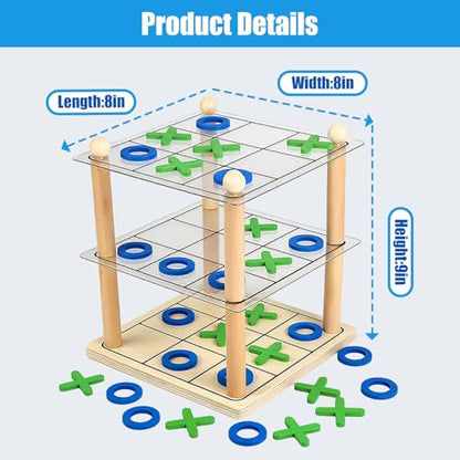 3D Ultimate Wooden Tic Tac Toe Board Game – Classic XO Strategy Game for Kids & Adults, Fun Family Table Games Night, Durable Wooden Tabletop Game
