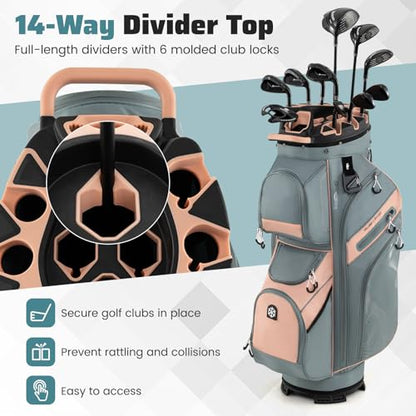 Goplus Lightweight Golf Cart Bag, Molded Lock Top Golf Club Bag w/14-Way Full Length Organizer Dividers, 11 Pockets, Cooler Bag, Straps, Umbrella Holder & Rain Hood for Men Women - color: Grey+Pink