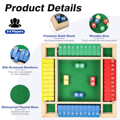 Shut The Box Game Wooden Board Dice Game, 2-4 Players Table Math Games for Kids and Adults, Fun Family Game Night Classroom Home Party or Pub Strategy Games