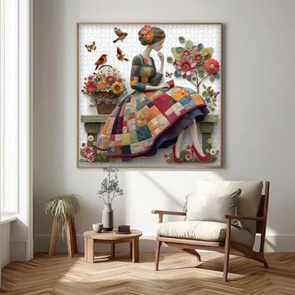 Floral Muse Jigsaw Puzzle 1000 Pieces for Adults, Patchwork Quilting Art Puzzle with Flowers Birds,Woman Flower Garden Themed, Handmade Style Sewing Puzzle Challenge - style: Patchwork Muse Puzzle