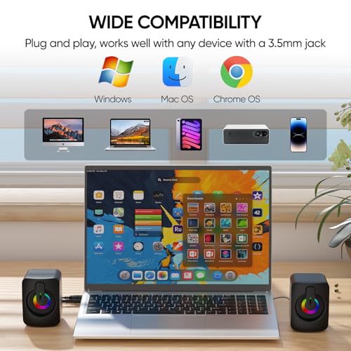 MELOGAGA RGB Computer Speakers, USB Powered 3.5mm Stereo for PC Laptop | Clear Stereo Sound, 7-Color RGB Lighting, USB Plug & Play, Compact Design with Inline Volume Control for Everyday Use
