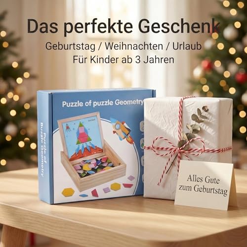Magnetic Pattern Blocks Wooden Geometric Shape Puzzle Toy for Kids Toddlers Age 3-8 Montessori STEM Learning Educational Game 75Pcs Tangram with Storage Box Travel Gift Classroom Whiteboard