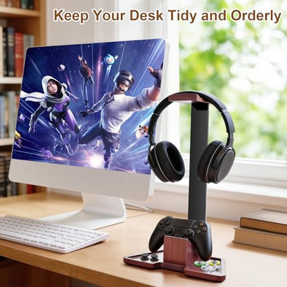 Headphone Holder Stand for Desk, Wood and Metal Headset Hanger Mount Hook Gaming Holder Desktop Earphone Artful Functional Craftsmanship Stand for All Headsets with Solid Wooden Base