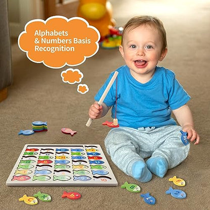 Diaodey Wooden Magnetic Fishing Game for Toddlers, Montessori Fine Motor Skills Toy with Letters and Numbers, Preschool Learning ABC and Puzzle Educational Toys Gift for 3 4 5+ Year Old Kids(2 Poles)