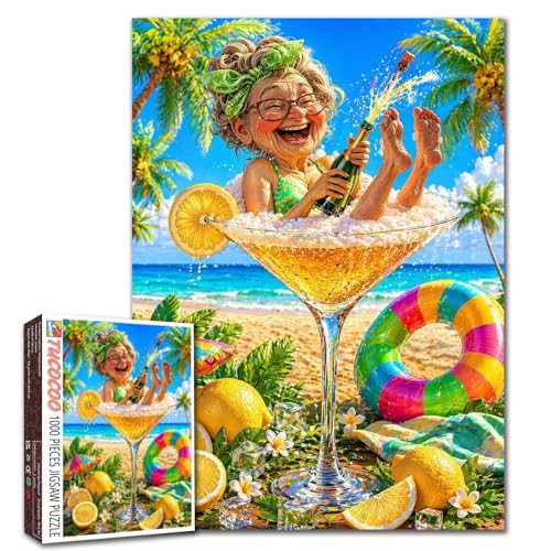 Funny Grandma Celebrating1000 Piece Jigsaw Puzzles for Adults Tropical Beach Jigsaw Puzzle for Challenging Family Activity Game Granny Laughing Artwork Puzzle for Home Decor Gifts 19.7"x27.6" - color: Summer Old Woman-a04