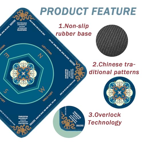 Blue Mahjong Mat for Table, American Mahjong Mat with Printed Rules, 31.5x31.5 in, Anti-Slip, Noise-Reducing Table Cover with Carrying Bag for Mahjong, Poker, Dominoes and Card Games - color: Deep Cyan