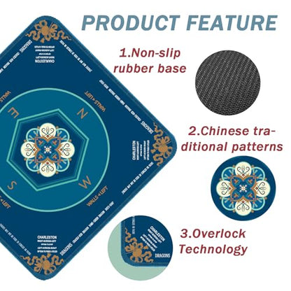 Blue Mahjong Mat for Table, American Mahjong Mat with Printed Rules, 31.5x31.5 in, Anti-Slip, Noise-Reducing Table Cover with Carrying Bag for Mahjong, Poker, Dominoes and Card Games - color: Deep Cyan