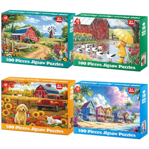 100 Piece Puzzles for Kids Ages 4-6 6-8 8-10 | Farms Beach Resort Jigsaw Puzzles for Seniors Adults, Educational Learning Toys Gifts for Girls Boys 4-Pack 15"x11" - style: Farms & Beach Resort